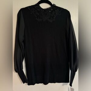 High crochet neck sweater with mesh sleeves and cuff